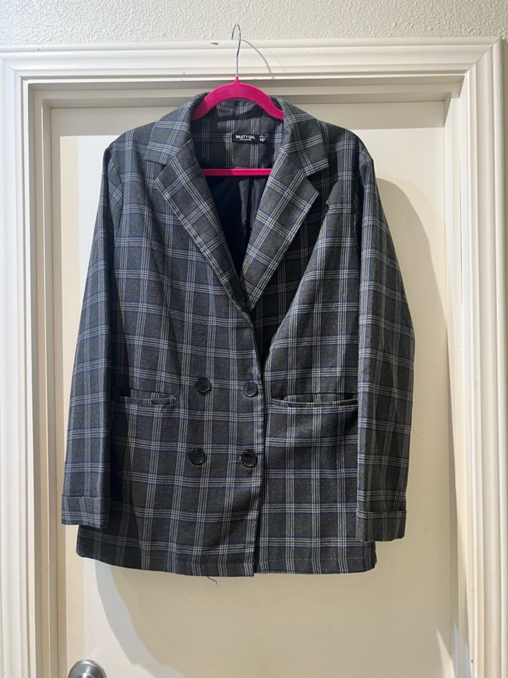 Nasty Gal Gray Plaid Double-Breasted Blazer